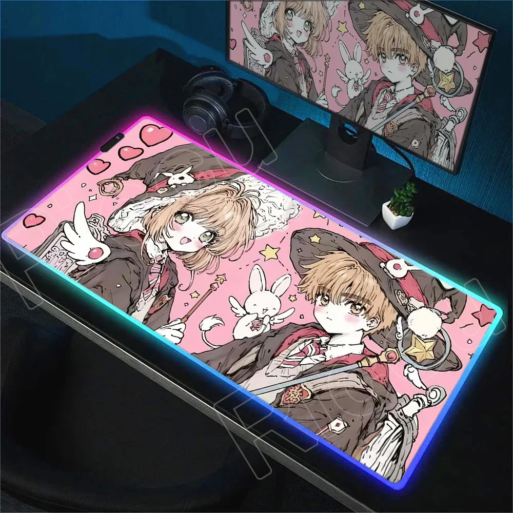 

HD Pink Sakura Card Captor Mouse Pads RGB 900x400mm Rubber Gaming Mouse Pad LED Laptop Keyboard Mat Anti-slip Anime Mousepad Xxl