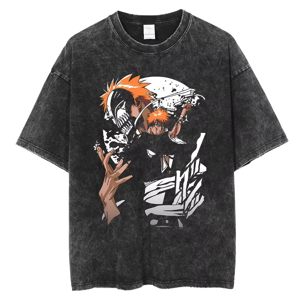 

2025 Japan Anime Bleach Zaraki Kenpachi Graphic Printed Men Women Manga Harajuku Male Washed Cotton T-shirt