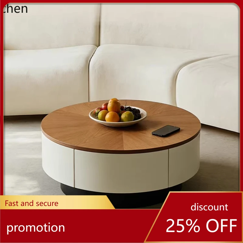 

HXL Vintage Style Solid Wood Coffee Table for Living Room, Round Small Coffee Table with Double Drawers for Storage