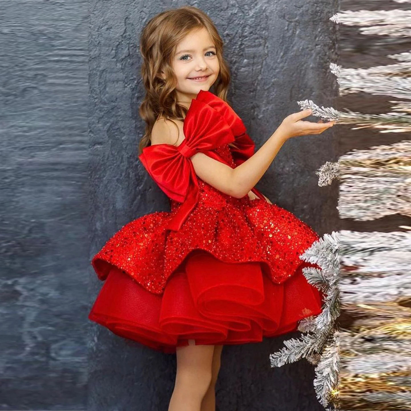 Enchanting Red Girls Princess Party Dress Square Neck and Oversized Bow Sleeves Flower girl dress Knee-Length Pageant Dress