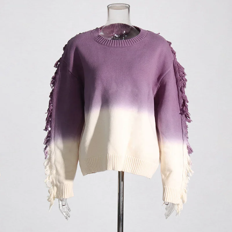 Tassel Fringe Knitted Women Sweater Changing Color Baggy Jumpers 2023 Fall Winter New Fashion Streetwear Workout Activewears