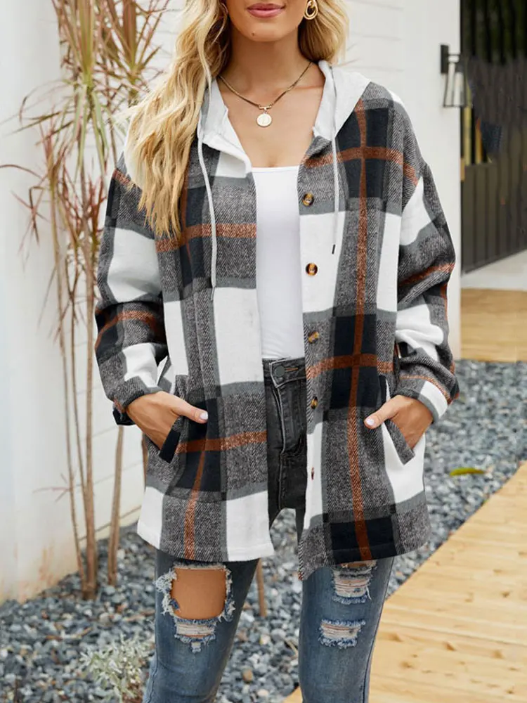 Autumn Winter Hooded Plaid Jacket Women Warm Long Jacket Coat Women Button Up Overshirt Loose Checkered Shirt Jackets for Women