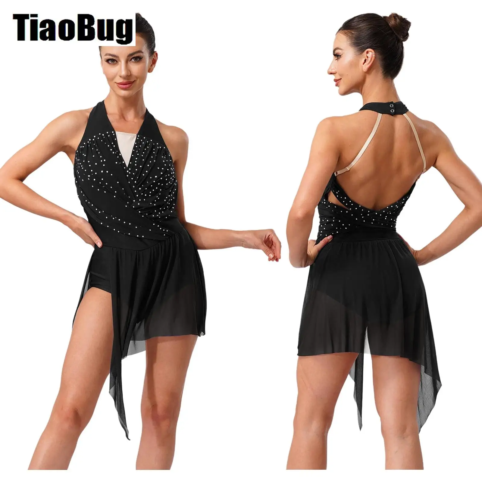 Women Figure Skating Bodysuit V Neck Ruched Mesh Rhinestone Backless Irregular Leotard Dress Chacha Samba Rumba Dance Costume
