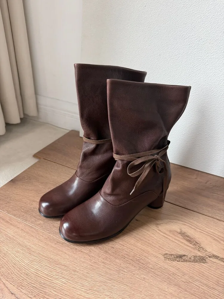 BANFANG 6CM Pleated Slouchy Lace Up Mid Calf Boots Women Soft Genuine Leather Round Toe Chunky High Heel Vintage Knight Shoes