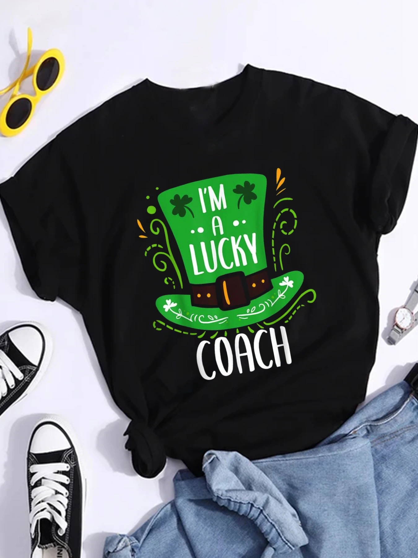 2024 Greenone Lucky Friend Clover Hat Cute Print T-Shirt Lucky Day Short Sleeve Round Neck Fashion Summer T-Shirt