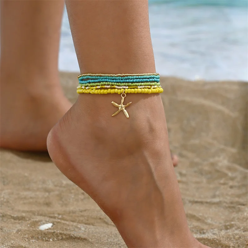 Colorful Starfish Pendant Rice Beads Beaded Anklet for Women Summer Fashion Multi-layer Bracelet Anklet Bohemian Leg Jewelry