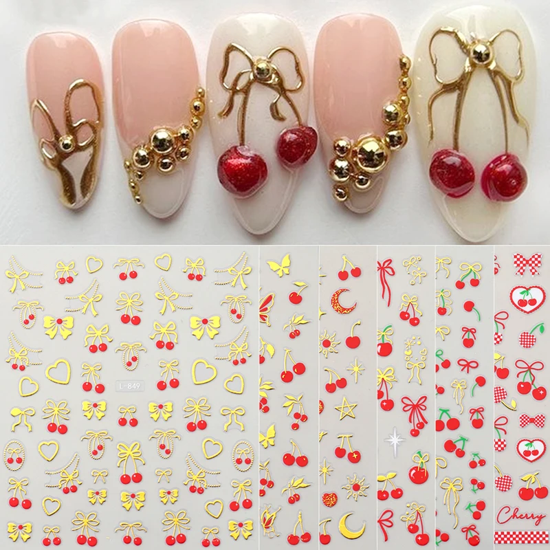 6pcs Metallic Golden Cherry Bowknot Ribbon Nail Stickers Cute Bow Cherries Sweet Element Nail Art Slider Decals Adhesive Decor