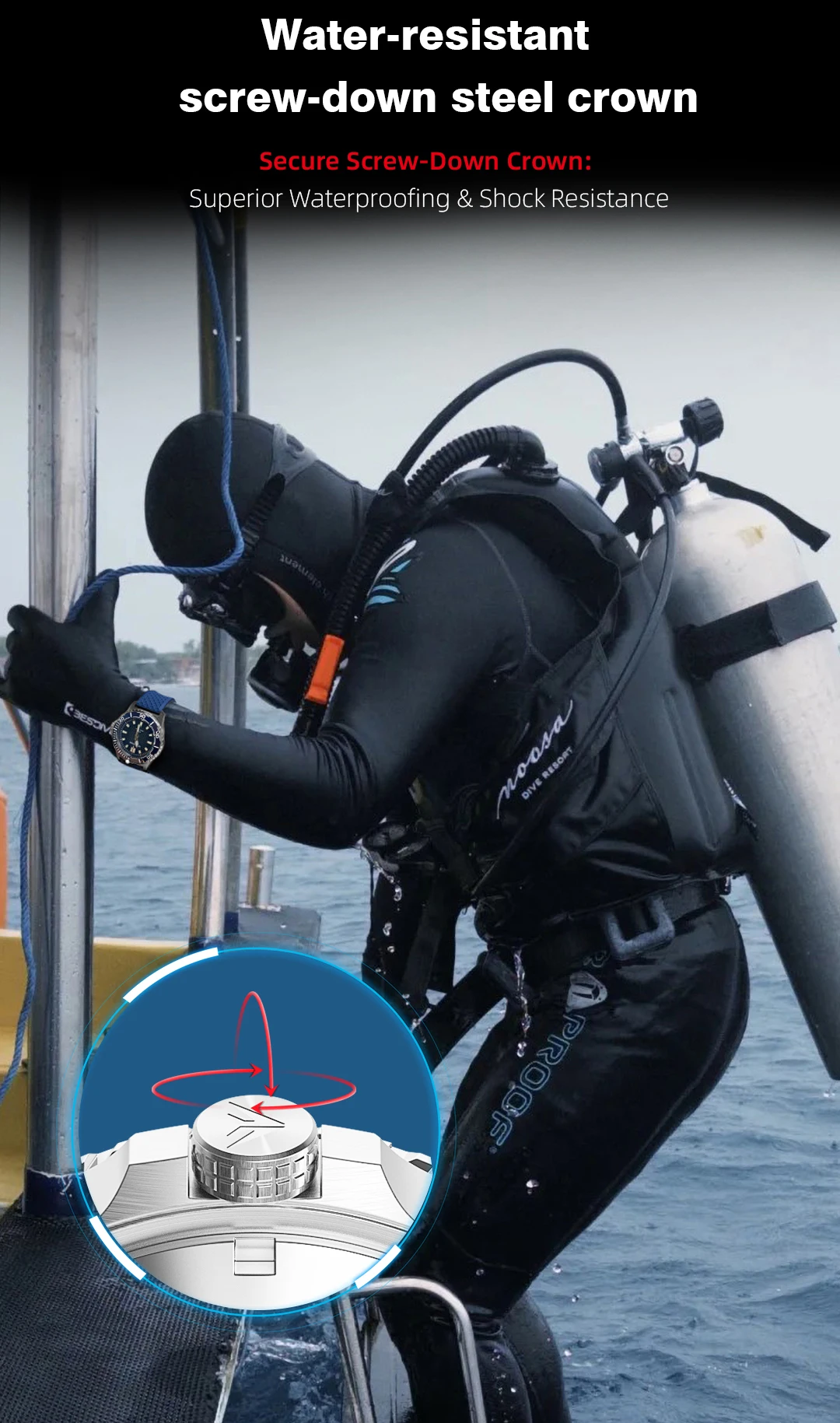 NORTH EDGE ABYSS Herren Quarzuhr Solarbetriebene Luxusuhr 200M Wasserdichte Taucheruhr 316L Stahlgehäuse 180+ Tage Energievorrat – Detail 8