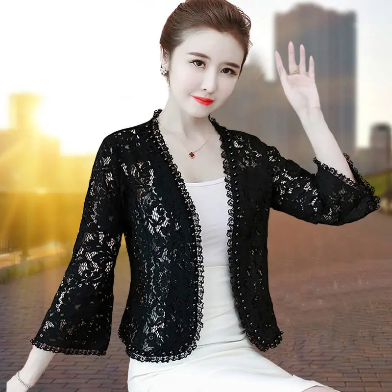 

Lace Shawl Tops Women Coat Summer Thin Sun Protection Clothing Femme Loose Female Jacket Black Short Cardigan Ladies 4XL E107