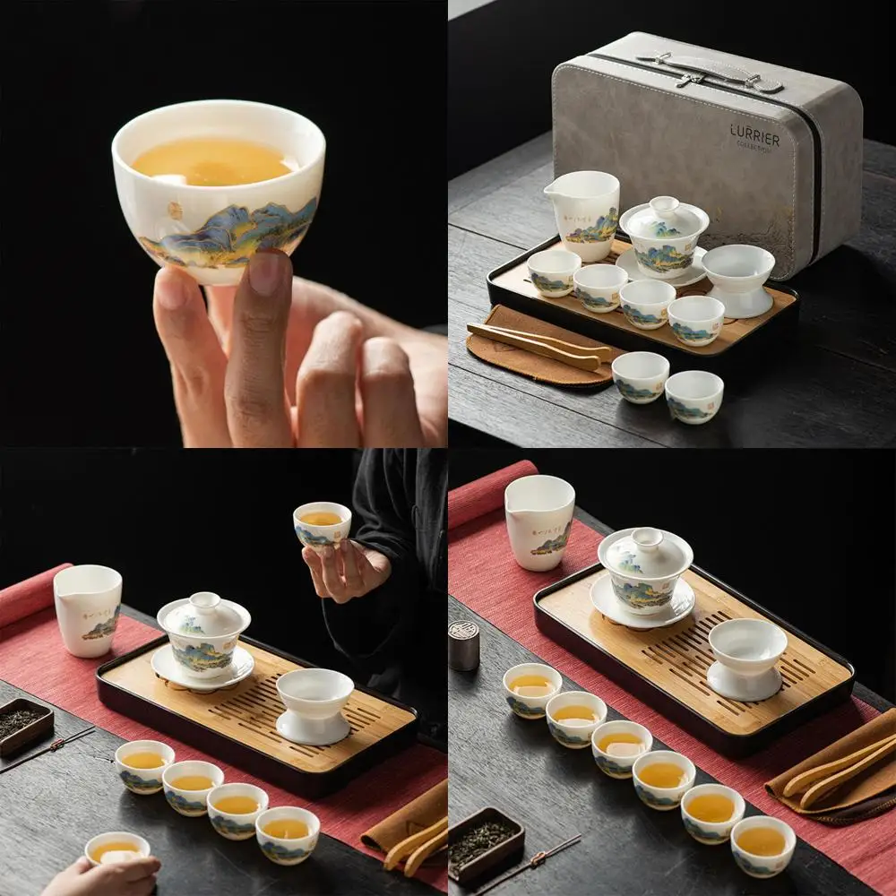 

Portable Ceramic Asian Tea Set for Adults - Grey Leather Travel Bag, Perfect for Home, Gifting, Outdoor & Office