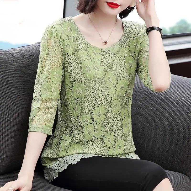 Elegant O-Neck All-match Ruffles Lace Blouse Women\'s Clothing 2023 Autumn New Oversized Casual Pullovers Loose Office Lady Shirt