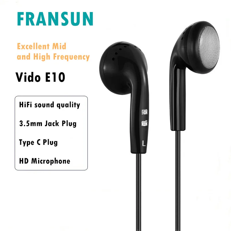 FRANSUN E10 Vido Earbud In Ear Earphone Earbud Dynamic Flat Head Earbud HIFI Bass Sound Quality Earphone 3.5mm Type C Earphone