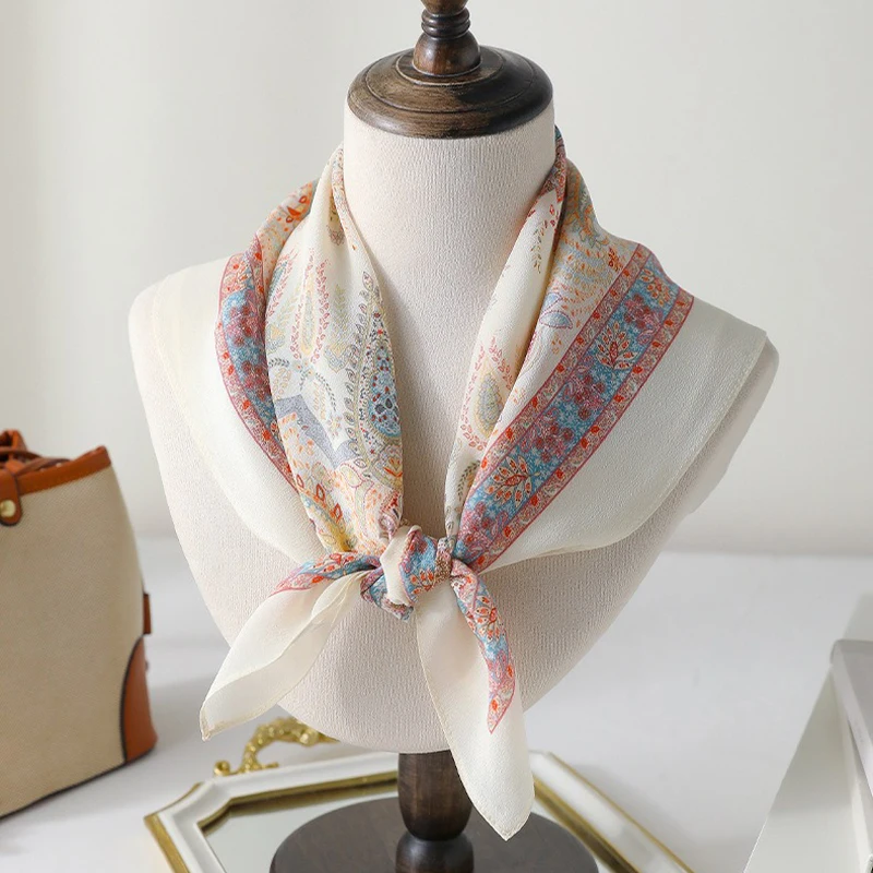 100% Mulberry Silk Scarf 65x65cm French Garden Floral Print Real Silk Crepe Square Scarf Mint Green Elegant Neck Scarf Bandana