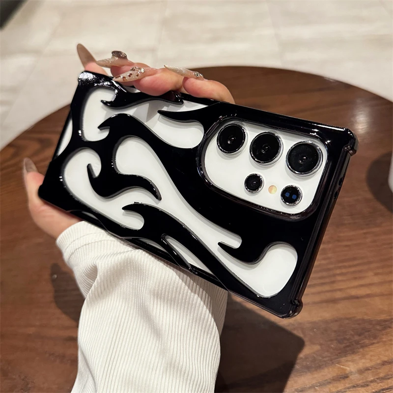 Luxury Plating Hollow 3D Flame Pattern Case For Samsung S25 S24 Plus S22 S23 Ultra A55 A54 A16 A15 A14 A06 Shockproof Soft Cover