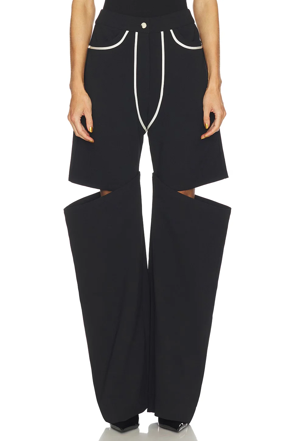Sexy girl style faux two-piece sheer pants, black and white contrast bold lines high-waisted slimming straight-leg pants