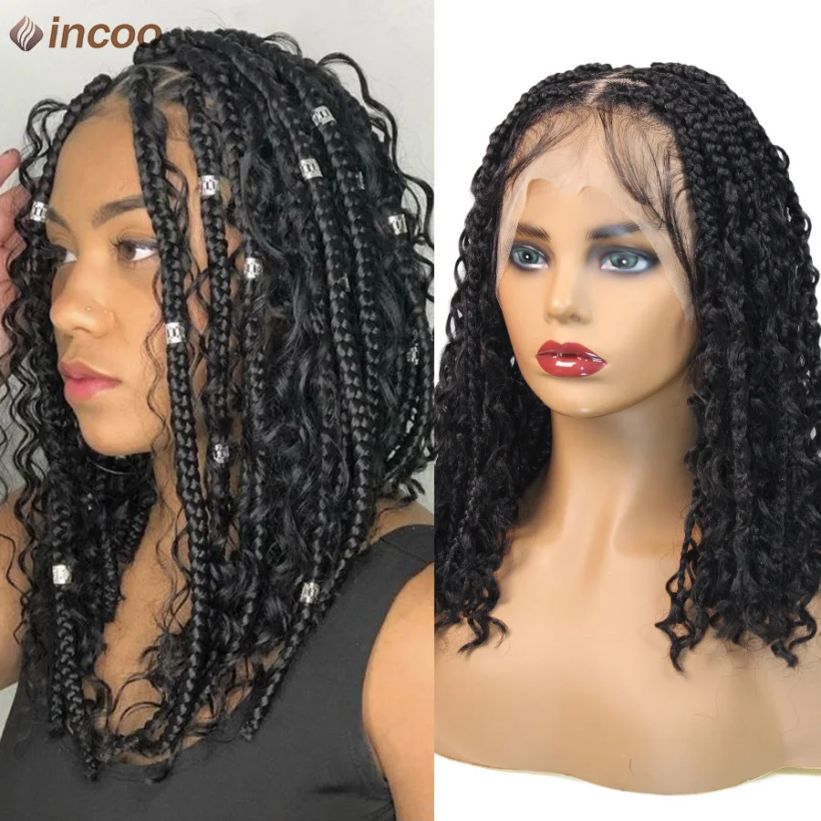 

Synthetic Full Lace Front Cornrow Braided Wigs Boho Braids With Curly Hair End Short Bob Knotless Box Braid For Afro Black Women