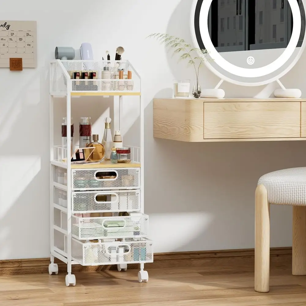 Chariot de maquillage roulant à 4 tiroirs – Organisateur de vanité au sol pour le rangement des soins de la peau, des cosmétiques, des parfums et des vernis à ongles.