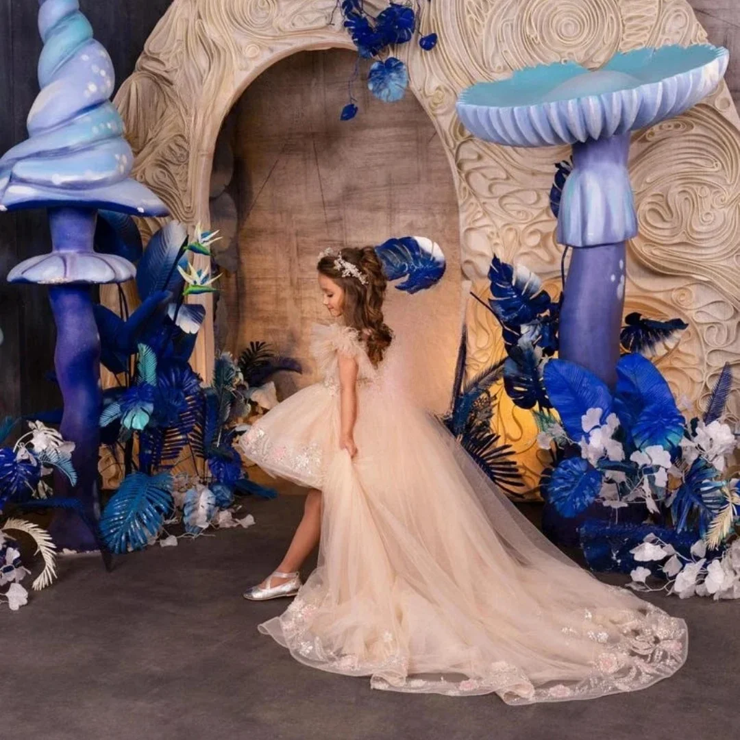 Pink Flower Girl Dresses for Wedding Princess Lace Appliques High-Low Length Baby Girl Birthday Ball Gowns Communion Customized