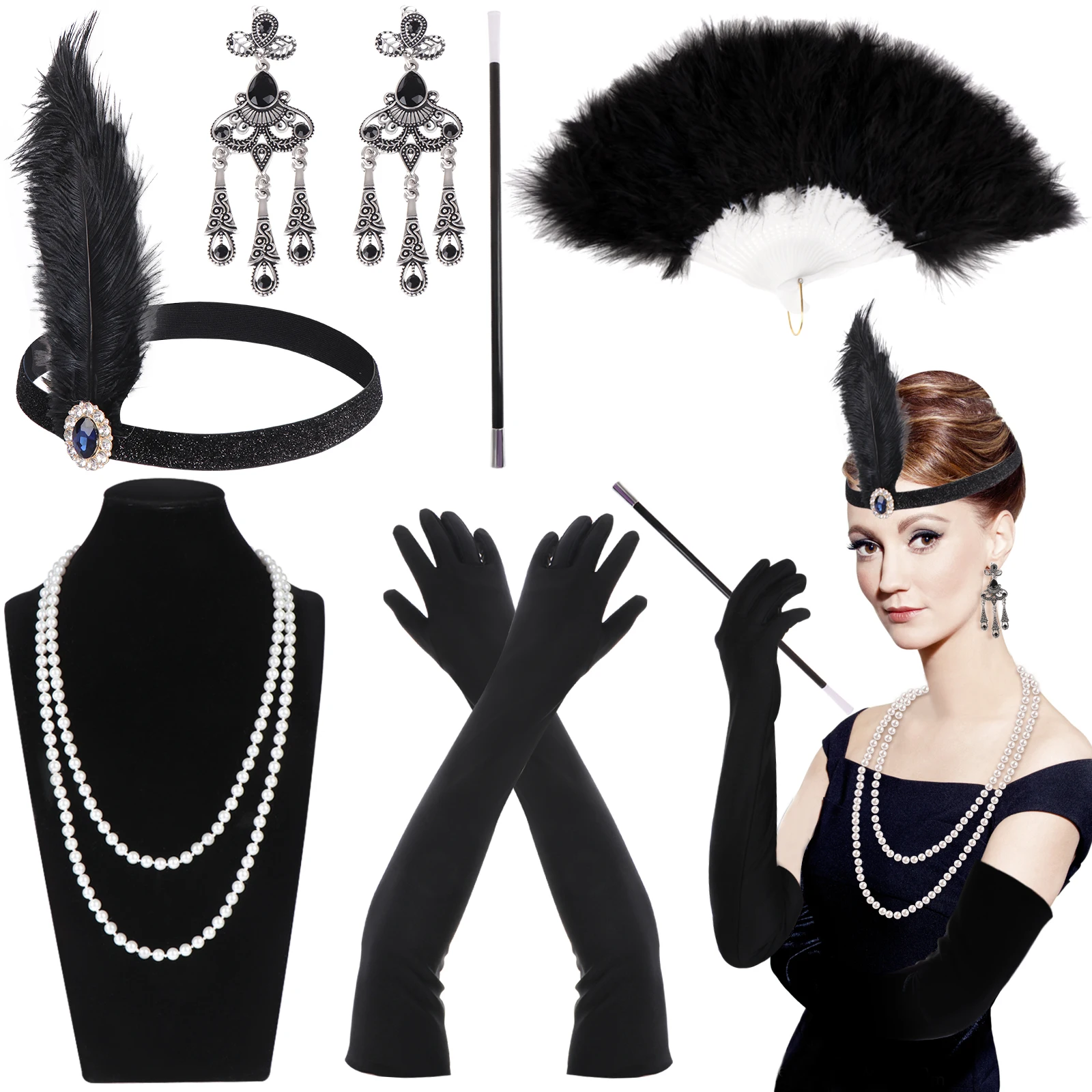 

1920s Flapper Dress Cosplay Accessories For Women Halloween Party 20s Fancy Dress Set Include Headwear And Pendants 6 Pcs Set