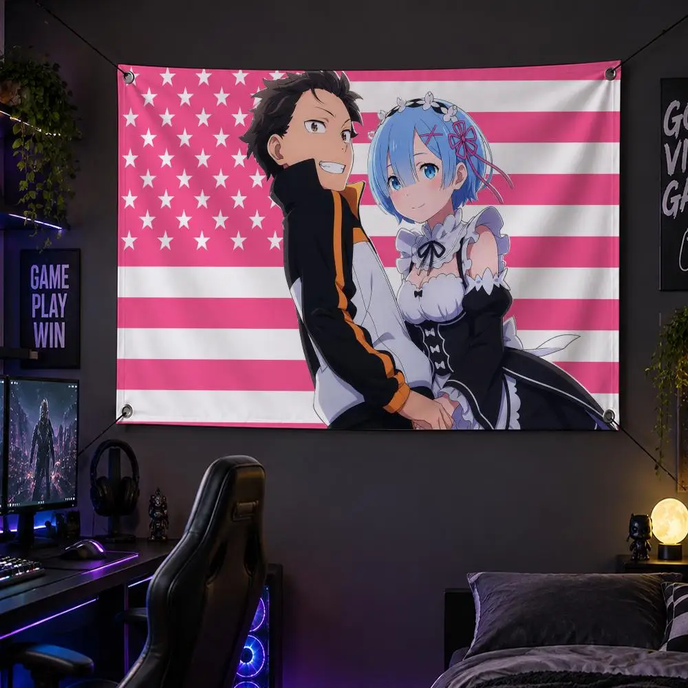 Anime Re:Zero Fantasy Romance Story S-Subaru X Rem Flags Banner Decor for Bedroom,Garden,Party,Club,Gaming Room,Garage Fan Gift