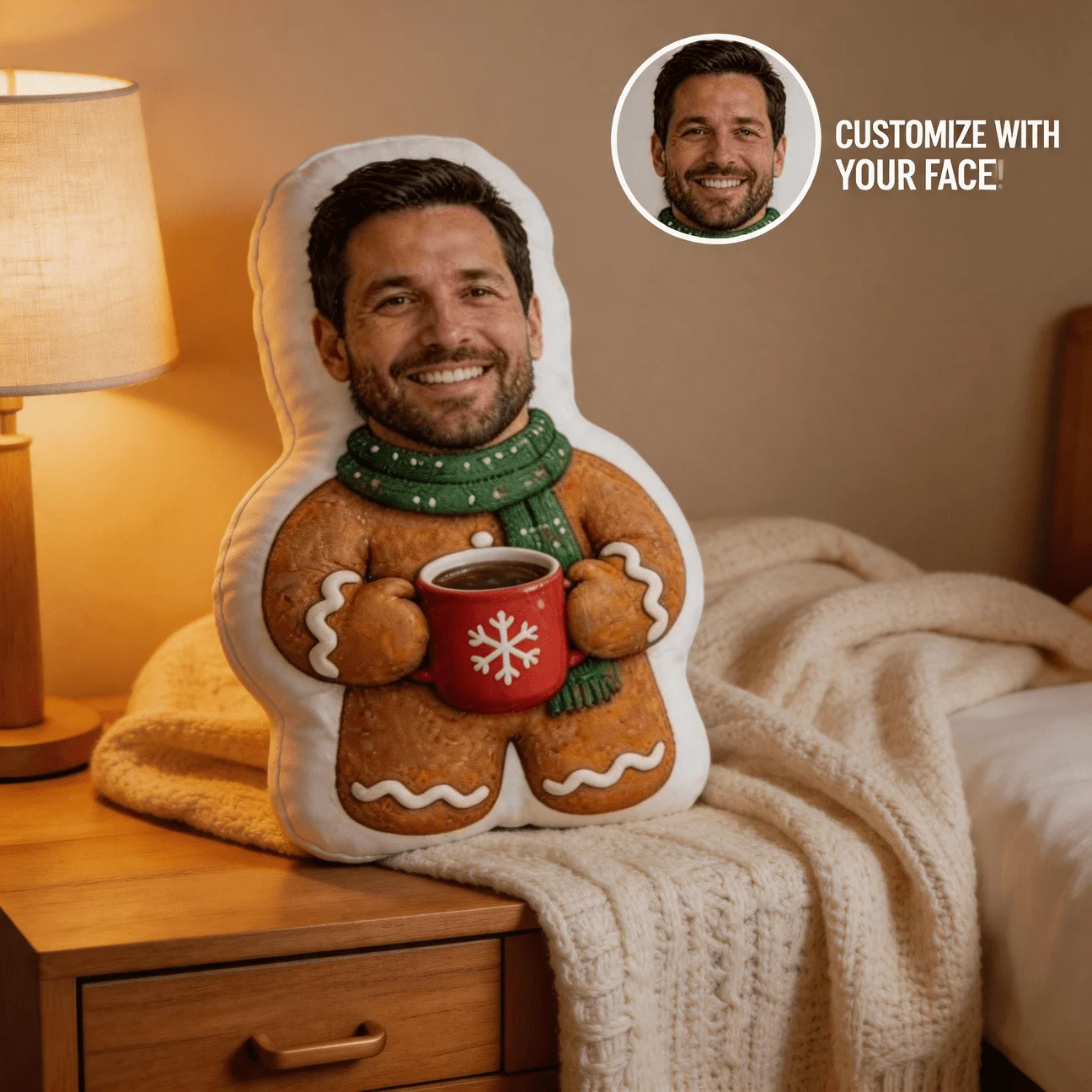 Custom Personalized Photo Face Gingerbread Man Shaped Pillow, Holiday Character Custom Picture Decorative Cushion with Double-Si
