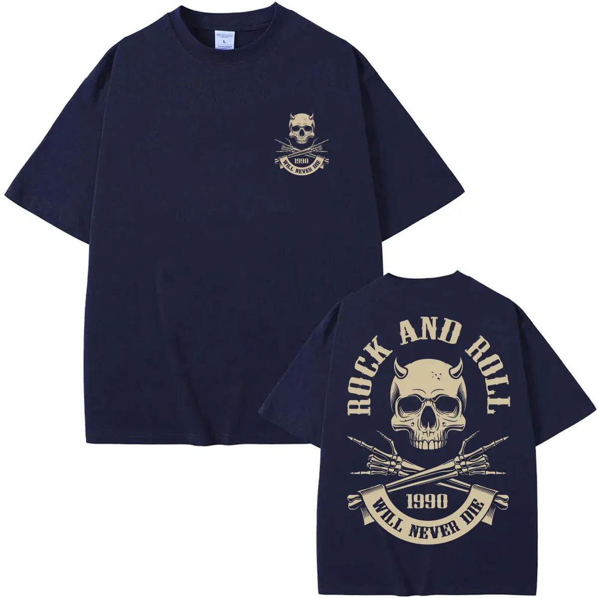 Vintage Skeleton Rock and Roll 1990 T Shirt Men's Fashion Punk Gothic Harajuku T Shirts Loose Cotton Casual Personality T-shirt