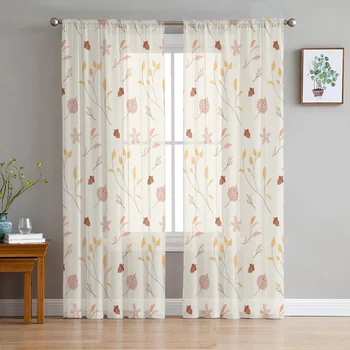 가을 노란색 잎 소나무 견과류 Tulle 커튼 거실 침실 장식 투명 쉬폰 깎아 지른 Voile 창 커튼