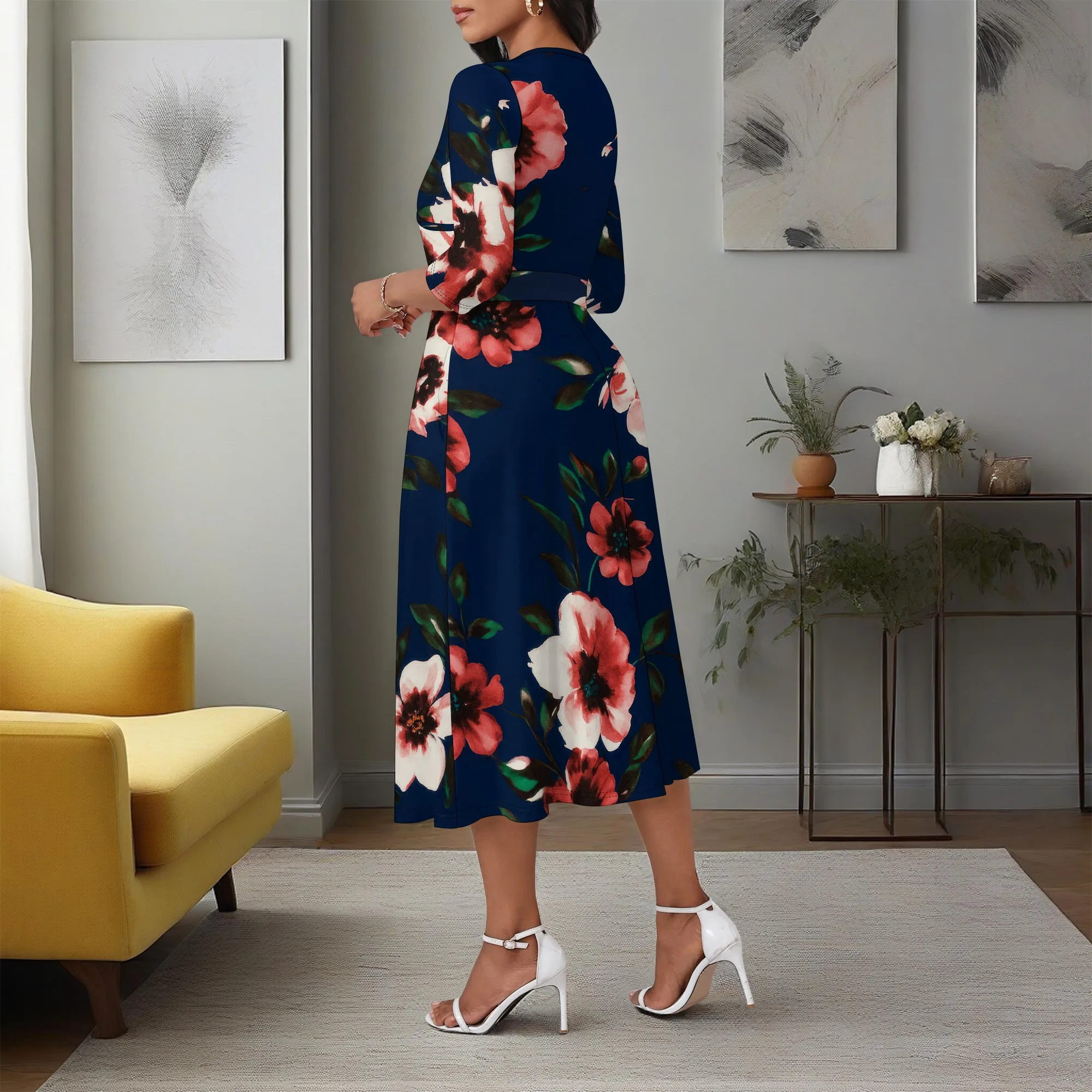 ชุดเดรส Midi สําหรับผู้หญิง 3/4 แขน V คอเอวสูง Casual A-Line Flowy Wrap เข็มขัดอินเทรนด์พร้อมกระเป๋าค็อกเทลปาร์ตี้ชุด