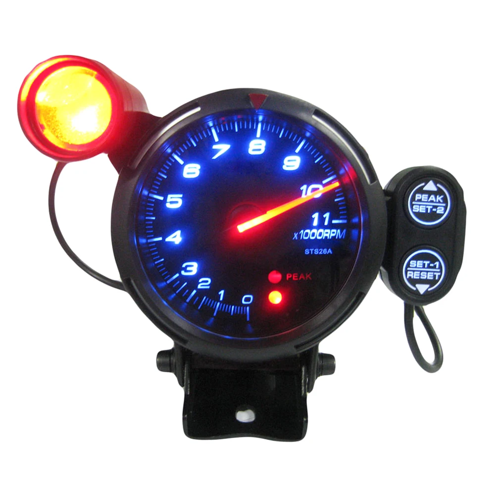 

3.5'' Pointer Tachometer Kit Blue LED Pointer Display Tachometer Car Gauge Black Mirror Silver Ring