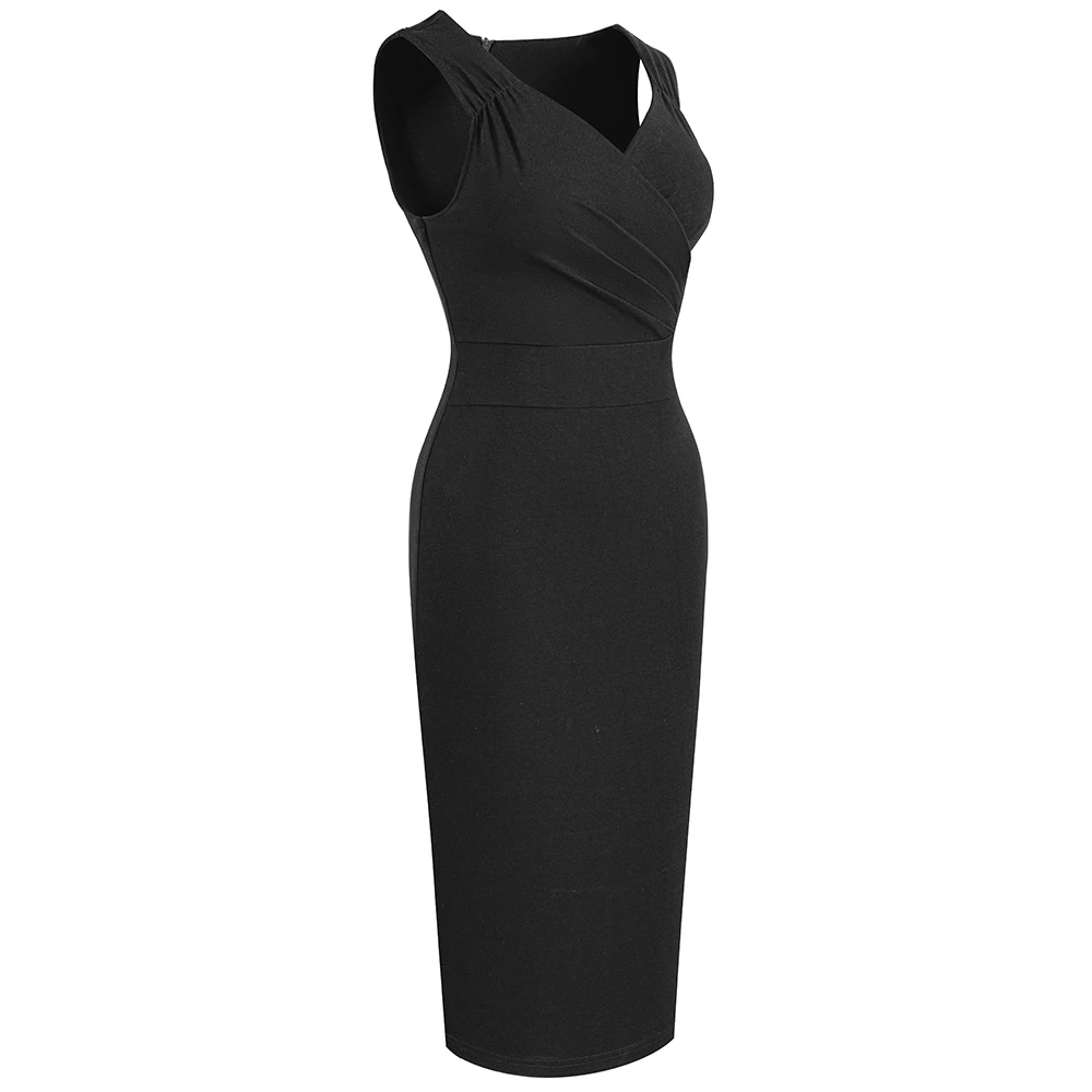 Women Sexy Charming Pure Color Sleeveless Low Cut Shirring Wrap Bodycon Pencil Dress EB669