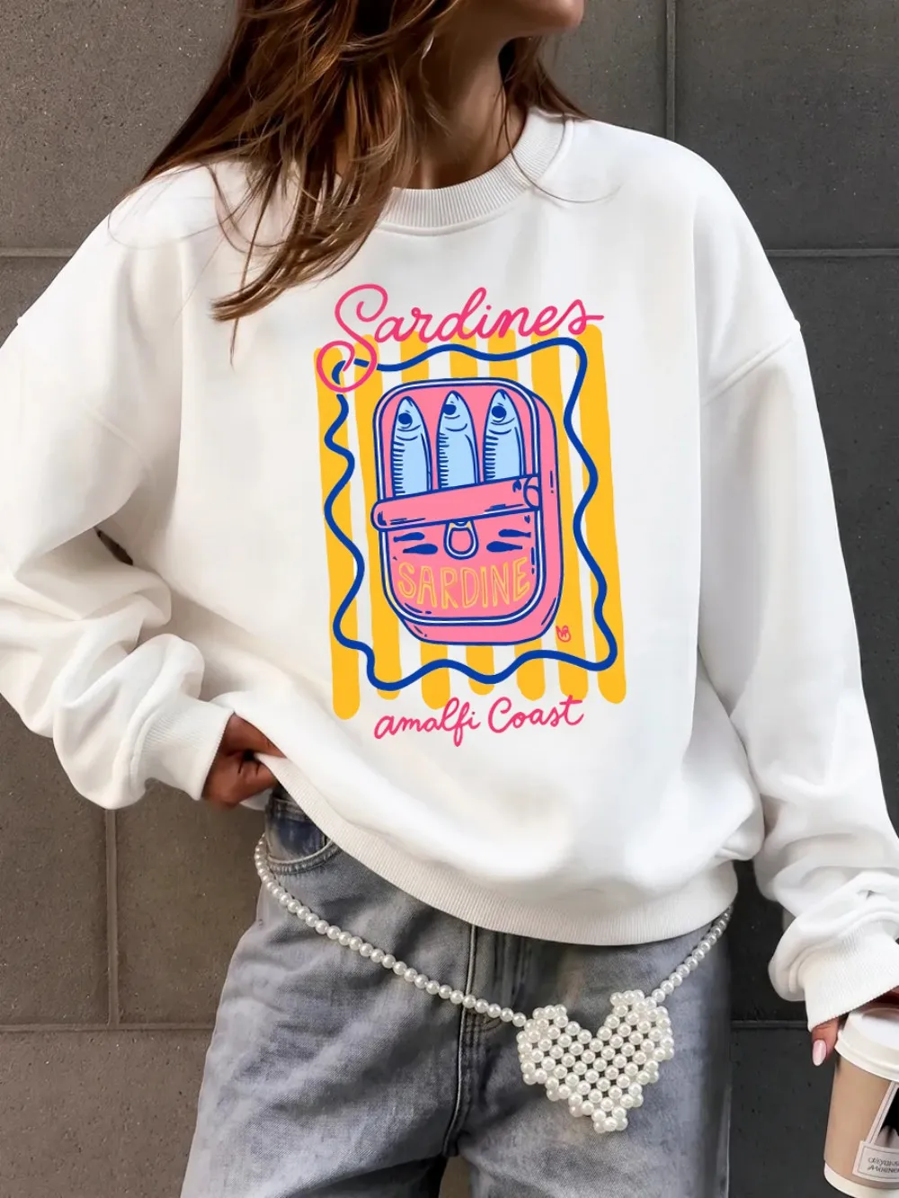 Sardines Amalfi Coast Prints Sweatshirts für Damen, Fleece, warm, bequem, Kapuzenpullover, Rundhalsausschnitt, lockere Oberteile, Winter, lässige Damenkleidung – Detail 11