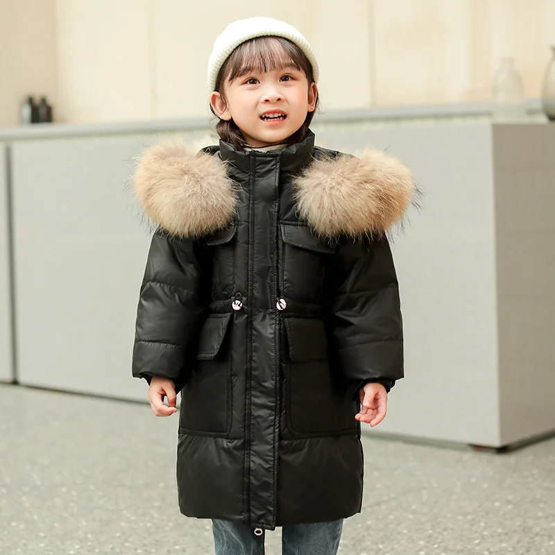 Down New Winter long thick Jacket for girl clothes Hooded parka real Fur toddler Coat Kids snowsuit Outerwear clothing overcoat