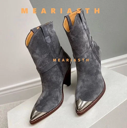 

Metal Pointed Toe ankle Boots for Women Sexy Rivet Stud Slip On Women's suede Boots Tassel Decor Spike High Heel Botas Mujer