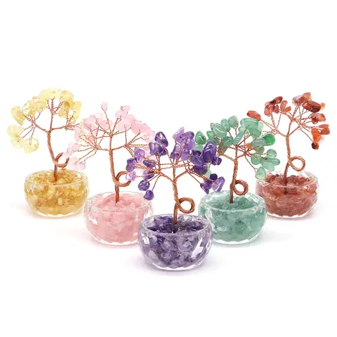 Árboles de dinero de 75mm, piedra Natural, cristal curativo, aguamarina, citrino, amatista, artesanías de piedras preciosas, Feng Shui, decoración del hogar, regalos de la suerte