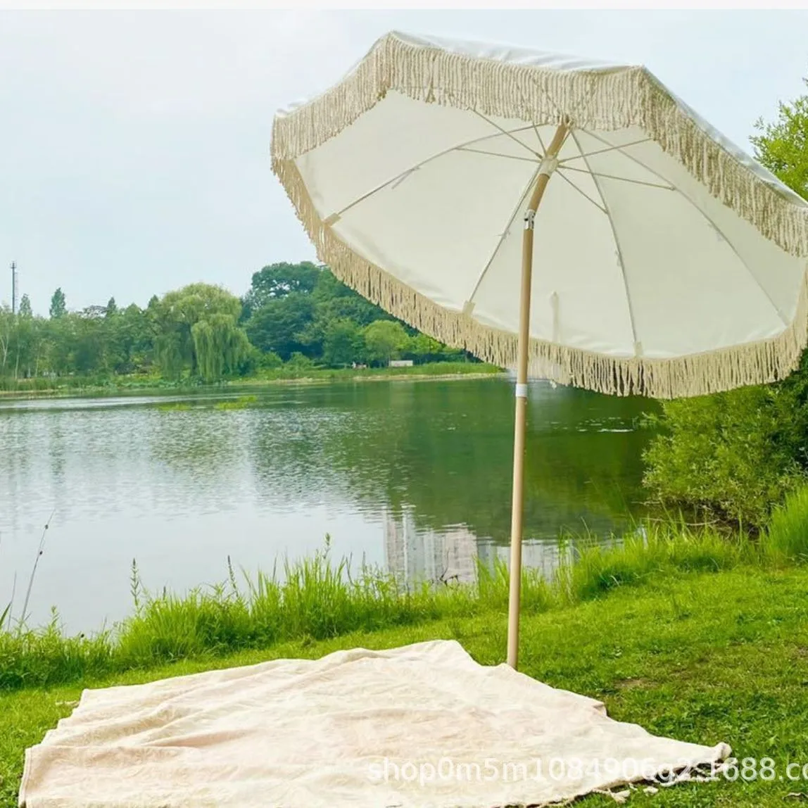 

Tassel polyester wood color umbrella beach umbrella printing leisure garden decorative umbrella windproof and rainproof
