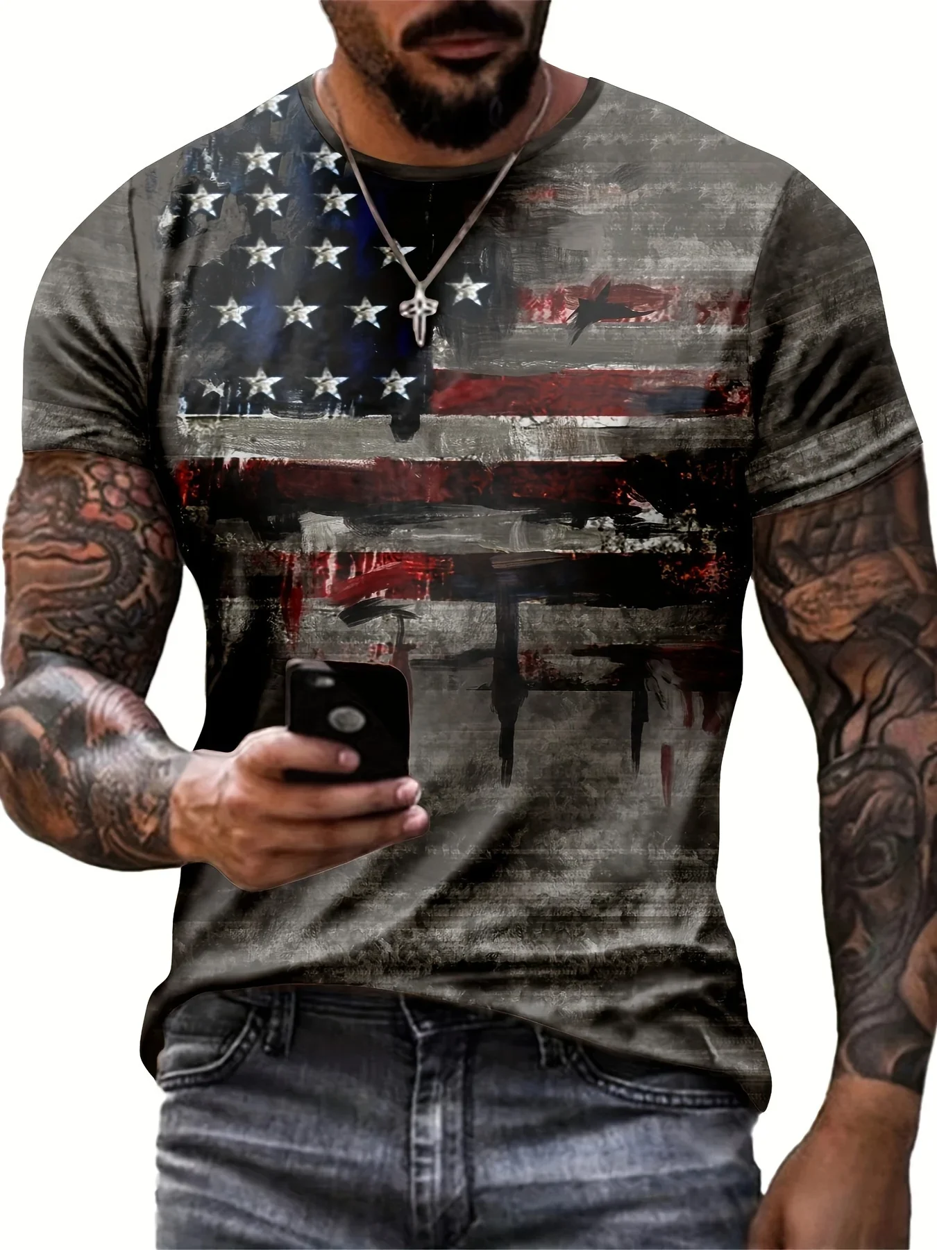 2024 Summer New Fashion Vintage T-shirt American Flag Stripes 3D Printed Harajuku Street Top Summer Sports Men\'s Clothing Short