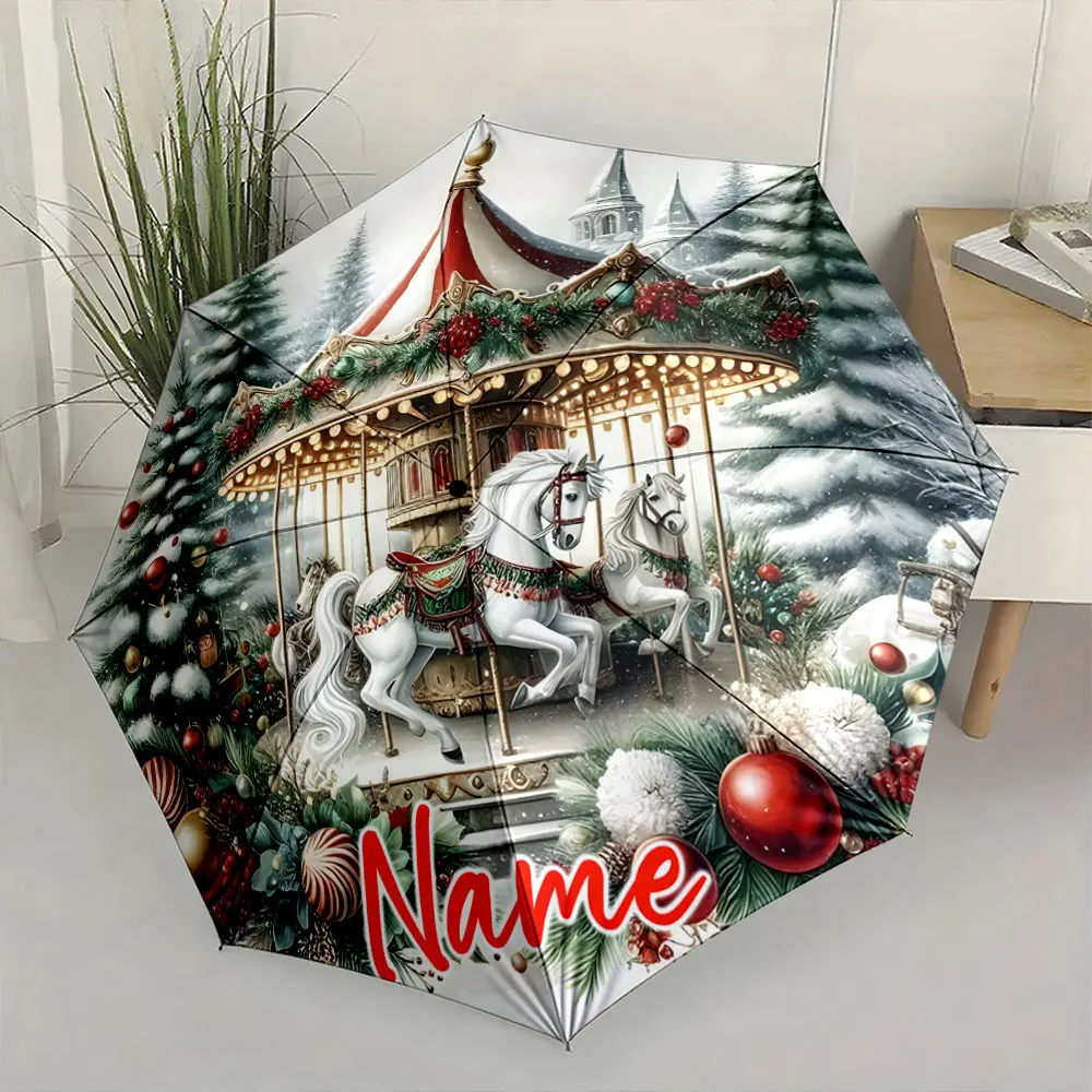Custom Name Christmas Carousel Umbrella with Holiday Decorations Print 8 Iron Ribs Folding Umbrella, Auto-Open Fashion Sunshade