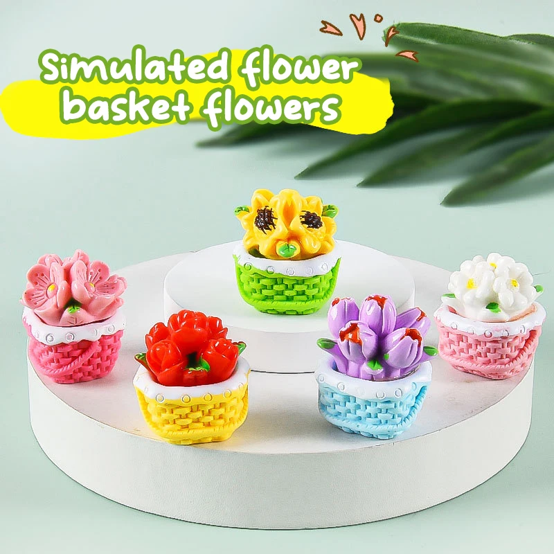 Mini Flower Basket Ornament Flowerpot Potted Plant Bonsai Micro Landscape Dollhouse Miniature Toy Car Decoration Kids Toys