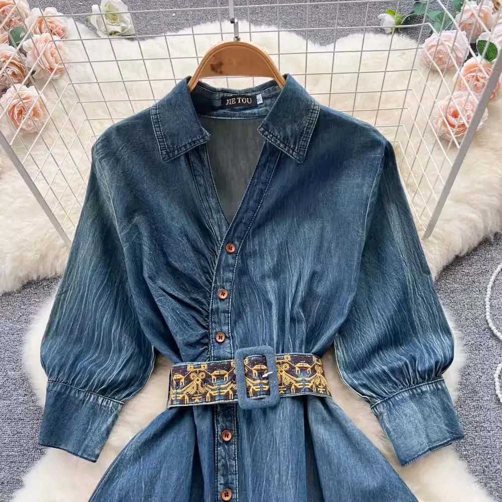 High Quality Autumn Women's Single Breasted Dark Blue Jeanswear Vintage V Neck Three Quarter Embroidery Belt Denim Long Dresses