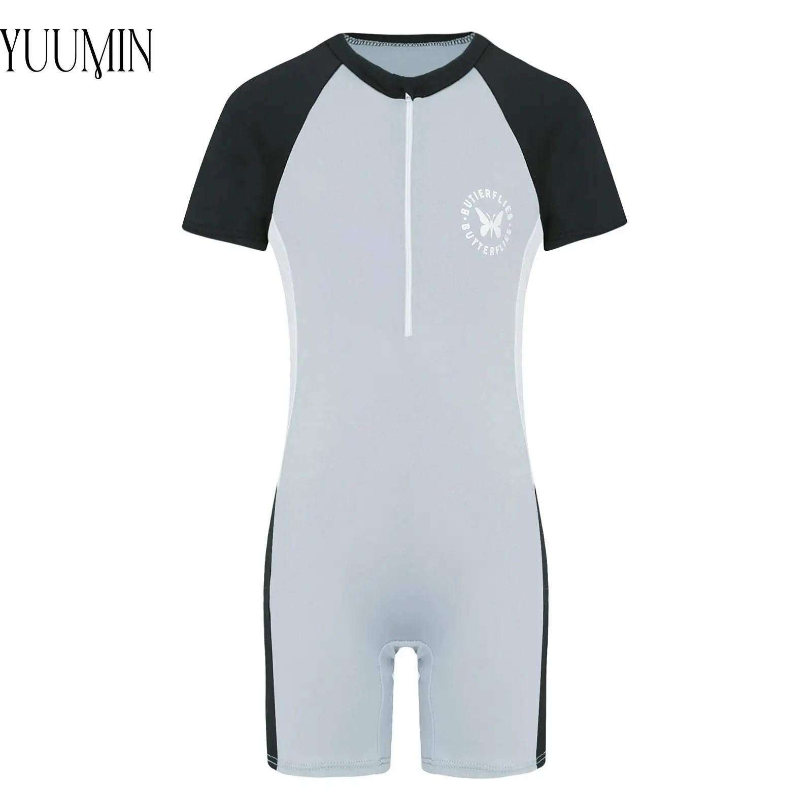 

Girl Short Sleeve Front Zip One Piece Swimsuit Color Block Patchwork Swimwear Rash Guard Athletic Surfing Shorty Wetsuit Bathing