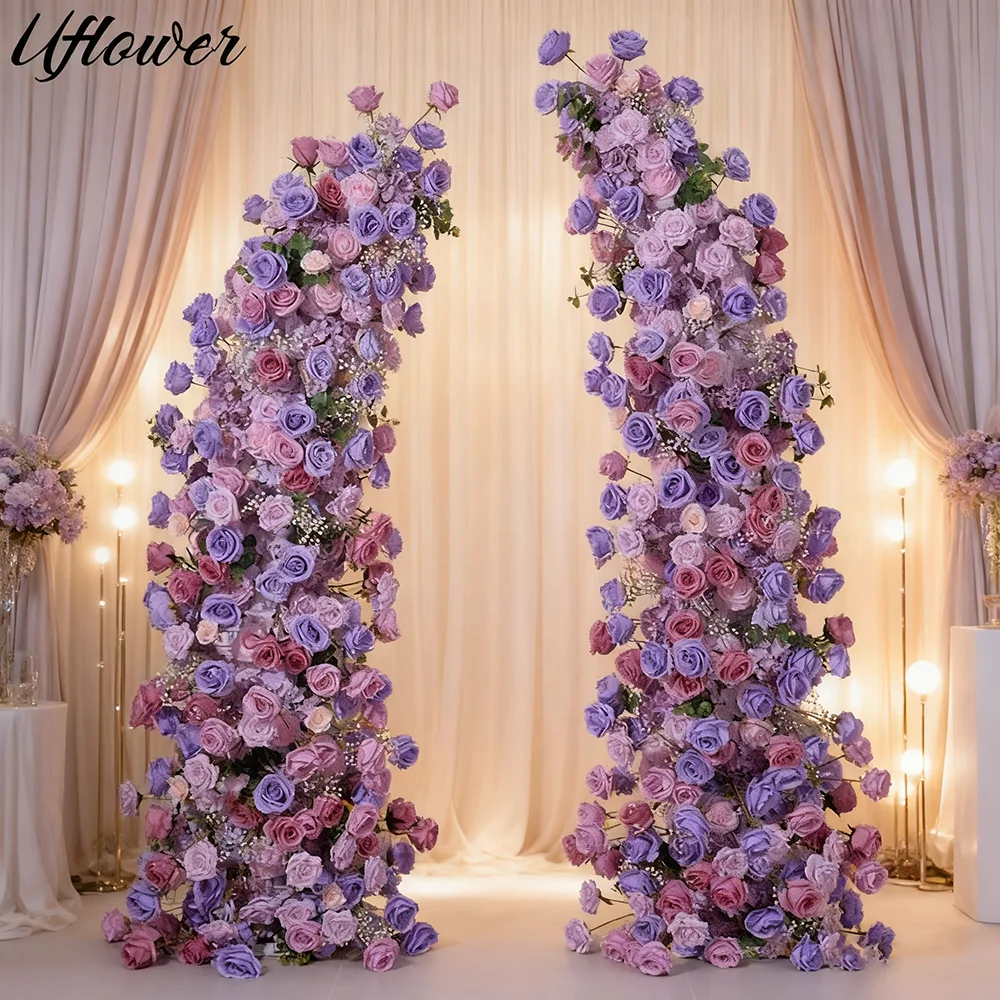 

Uflower Purple Rose Hydrangea Floral Arrangement Horn Wedding Backdrop Decor Floor Flower Row Event Stage Party Banquet Props