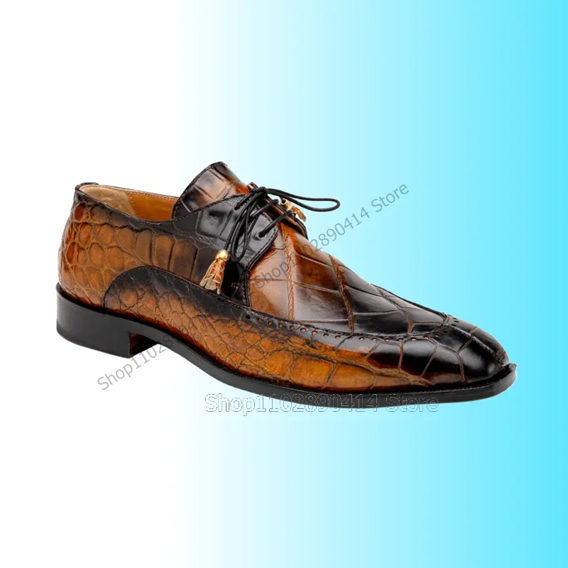 

Brown Gradient Color Carving Design Alligator Print Men Shoes Fashion Lace Up Male Shoes Luxury Handmade Banquet Men Dress Shoes