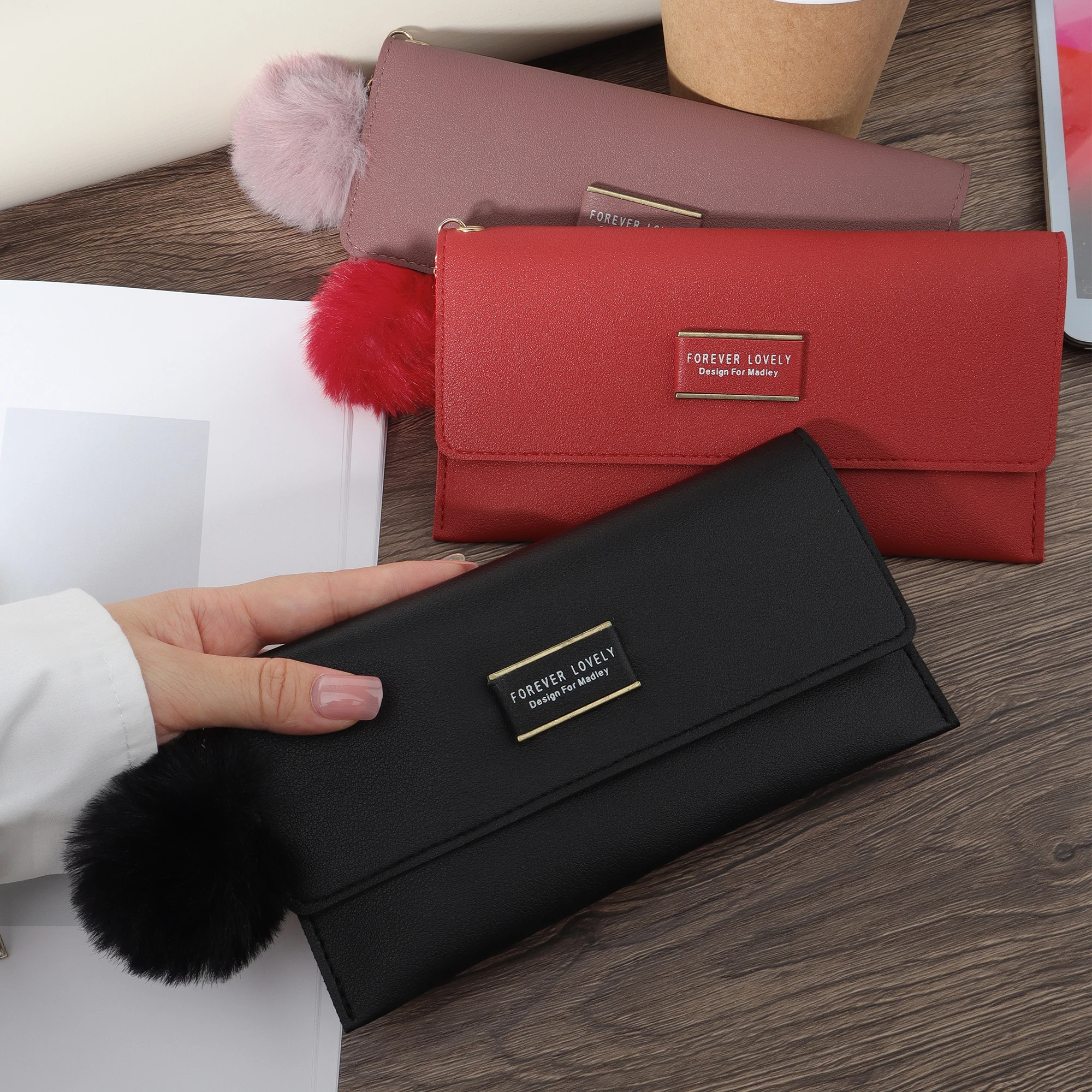 

New Fashion Letter Hair Ball Decor Long Wallet Coin Pocket Long Wallet Bifold Women's Wallet with Multi Card Slot and Id Window