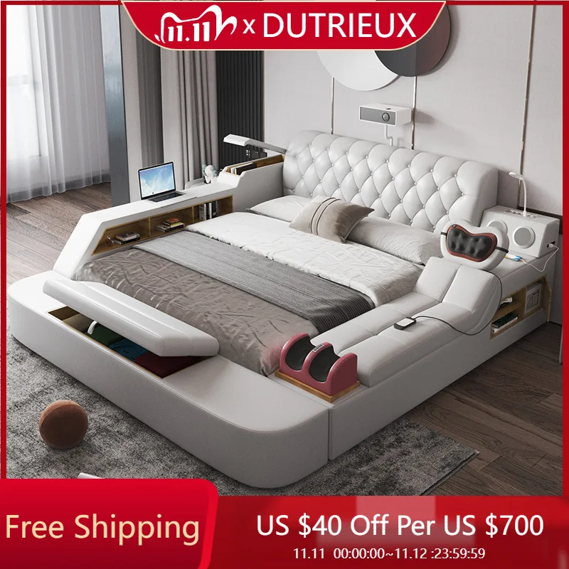 

White Designer Bed Multifunctional Unique Lounge Hotel Luxury Wooden Comfortable Bed Fashion Camas De Casal Terrace Furniture