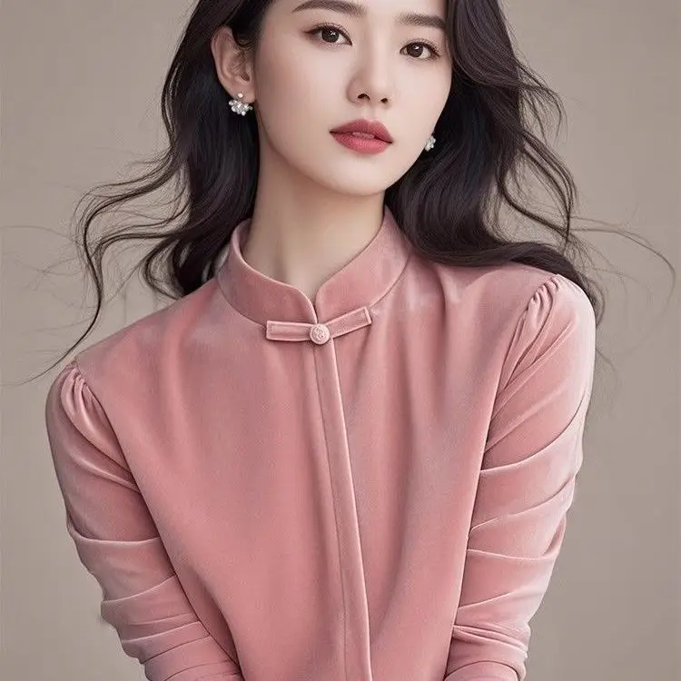

New Chinese Sle Velvet irt Women's Long Sve Slim Fit Button up Top High Quali Autumn Winter Faion Ele Slimming