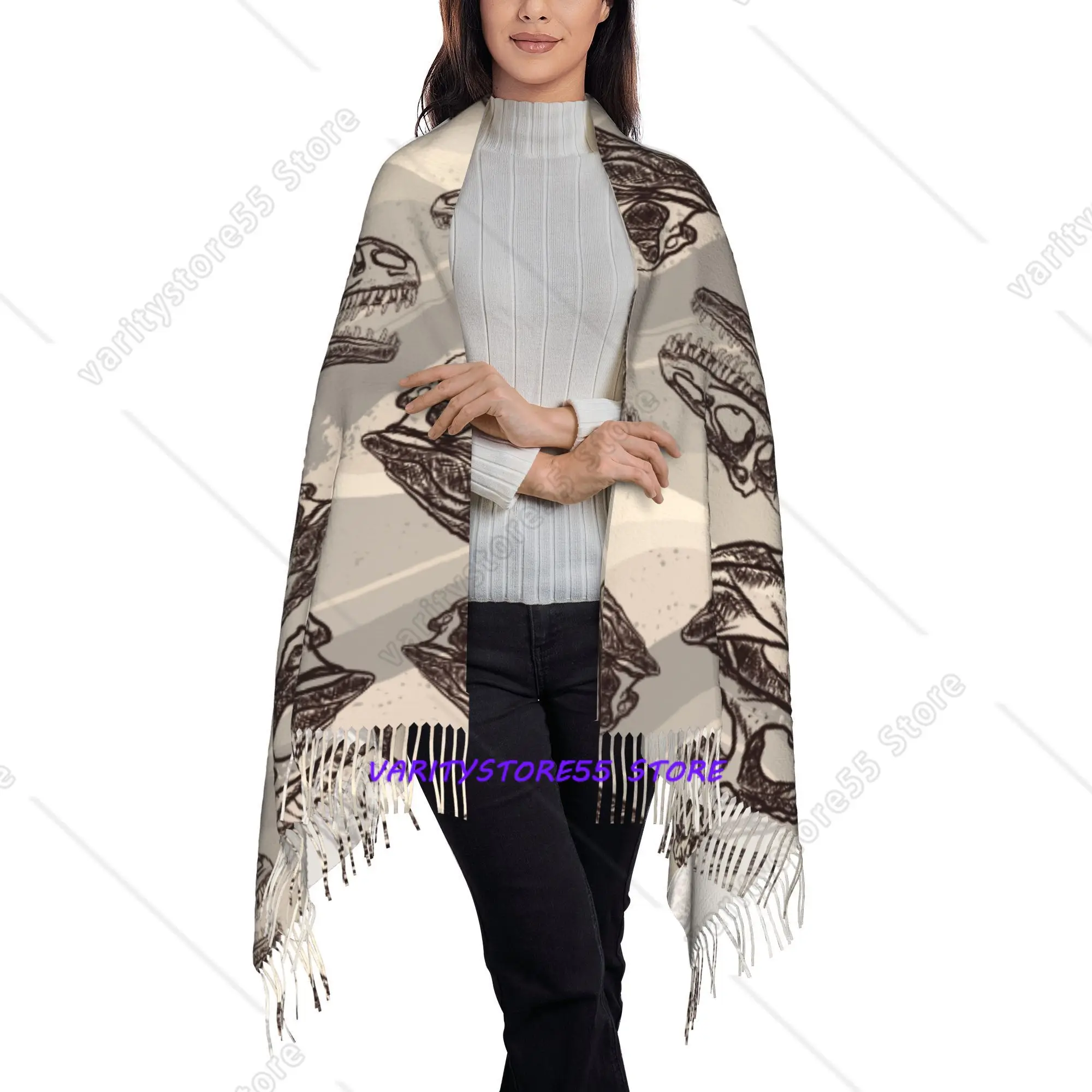 Brown T Rex Skull Tassel Scarf Fashion Style Men's Women's Soft and Warm Decorative Scarf for Daily Dating Vacation Travel