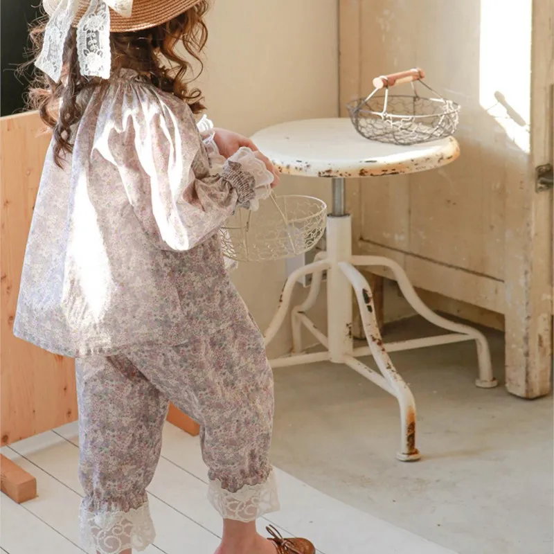 Ins Spring Children Girl 2PCS Clothes Set Floral Ruched Cotton Shirts Seven Inch Lace Edge Casual Pants Suit Toddler Girl Outfit