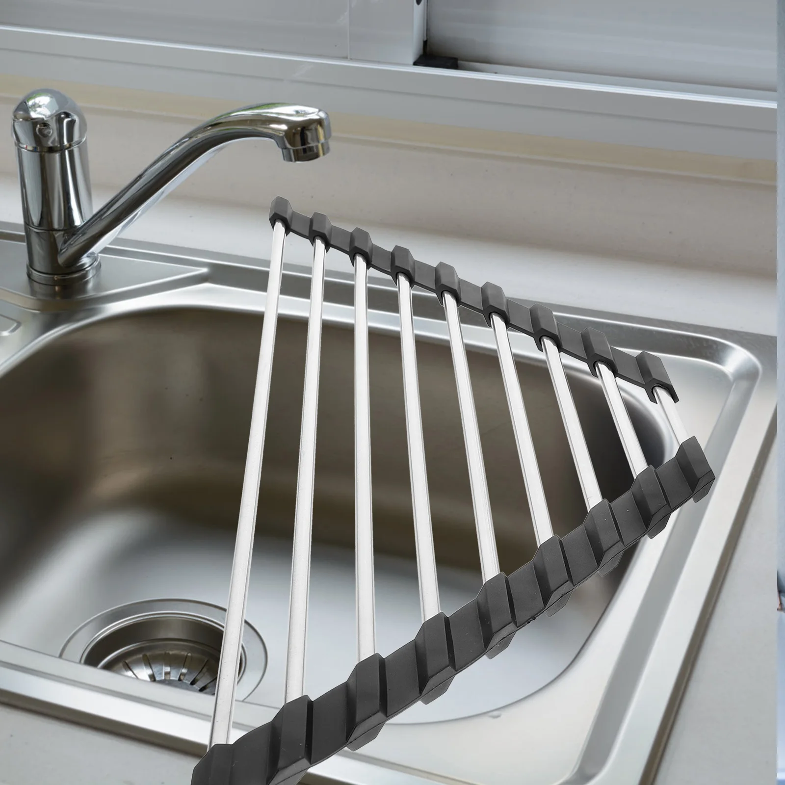 Stainless Steel Sink Rack Foldable Triangular Drain Basket Kitchen Storage Holder Rust Proof Silicone Sink Draining Rack