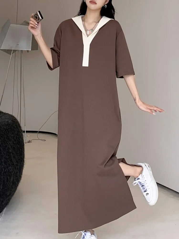 فستان نسائي كوري صيفي جديد مقاس كبير من فيستدوس رداء Elbise فضفاض بأكمام قصيرة ورقبة على شكل حرف v فساتين طويلة للسيدات