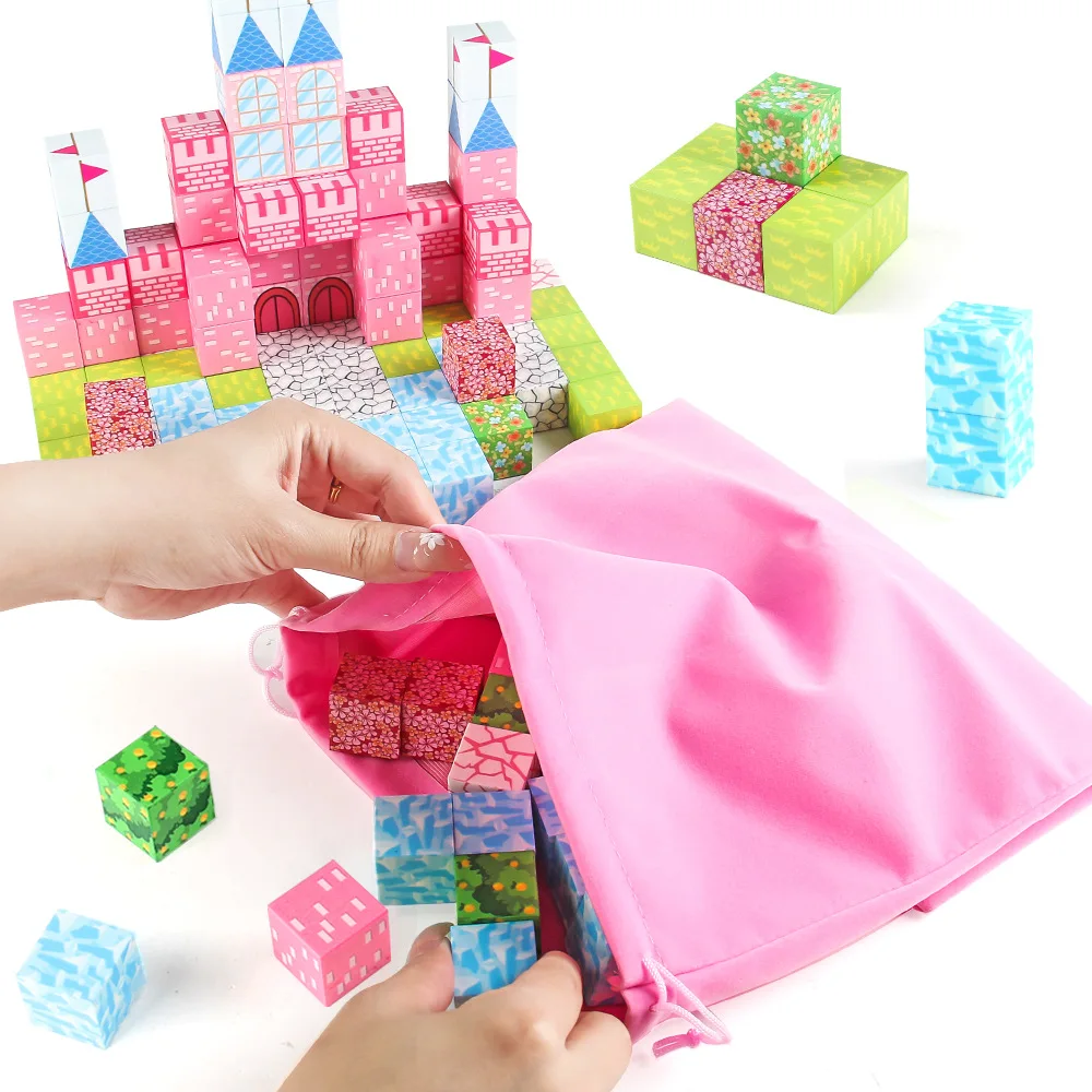 128 pçs conjuntos de blocos magnéticos criança brinquedos de construção 2.5cm cubos magnéticos castelo rosa modelo mundial haste montessori sensorial crianças presentes